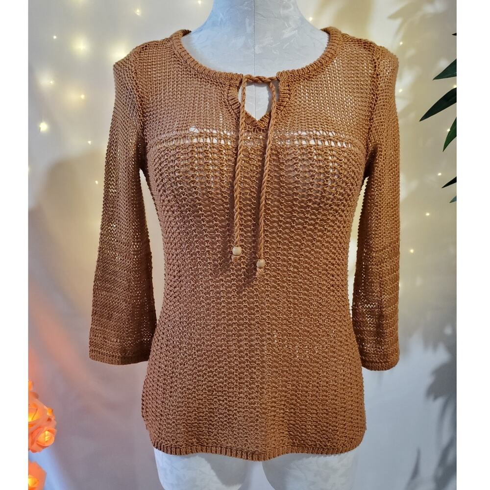 Lucky Brand Open Knit Crochet Keyhole Neck Brown Boho Knit Top Womens Size XS